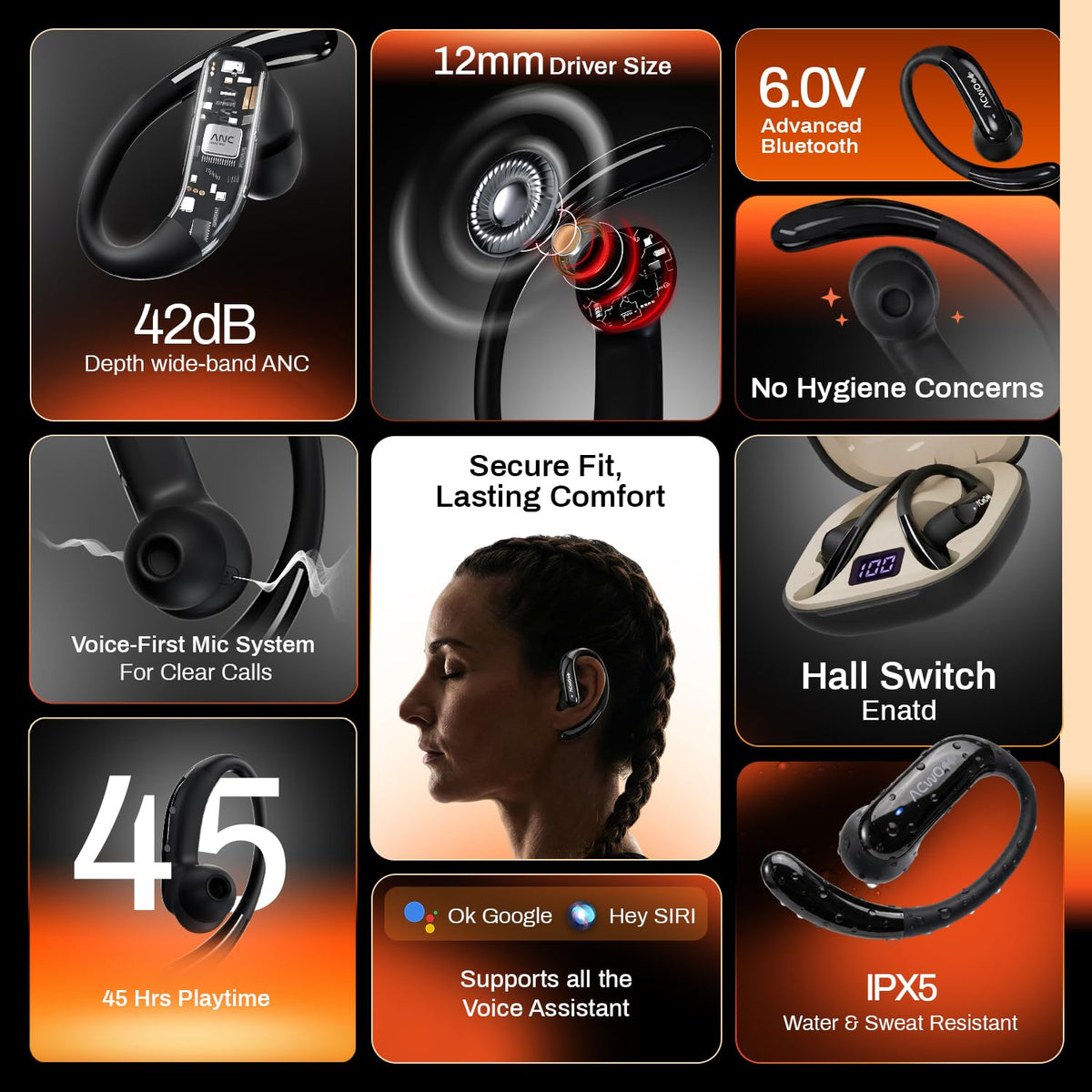 Budverse Open-Ear Wireless Bluetooth Earbuds with LED Battery Display Charging Case