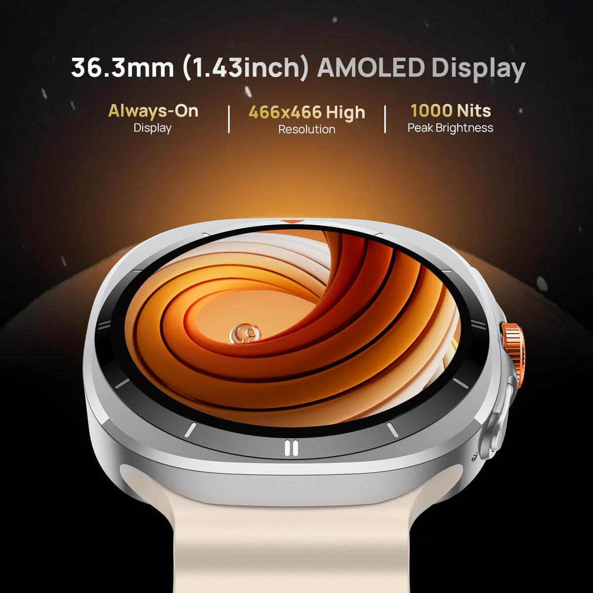 Budverse Axiom Round Smart Watch 1.43" Super AMOLED Display with Always-On Mode, Bluetooth Calling, Rotating Crown, SPO2 & Heart Rate Monitor, IP67 Waterproof Silicone Smartwatch for Men - White