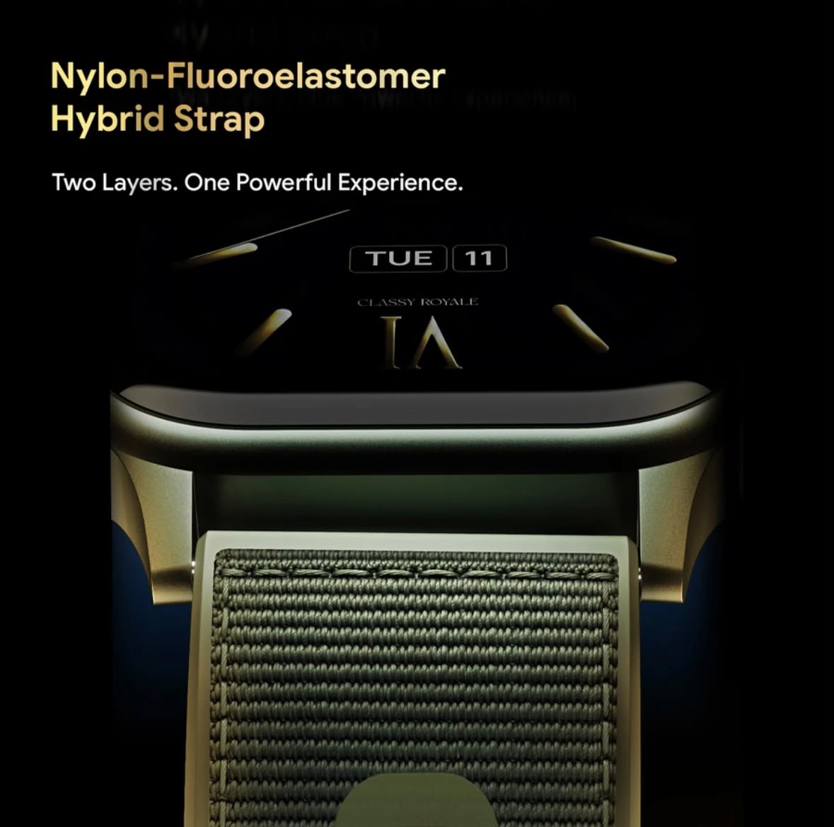 Budverse 1.85 BT Calling, Nylon Fluoroelastomer Hybrid Strap Rotating Crown Smartwatch (Moss Olive Strap, Free Size)