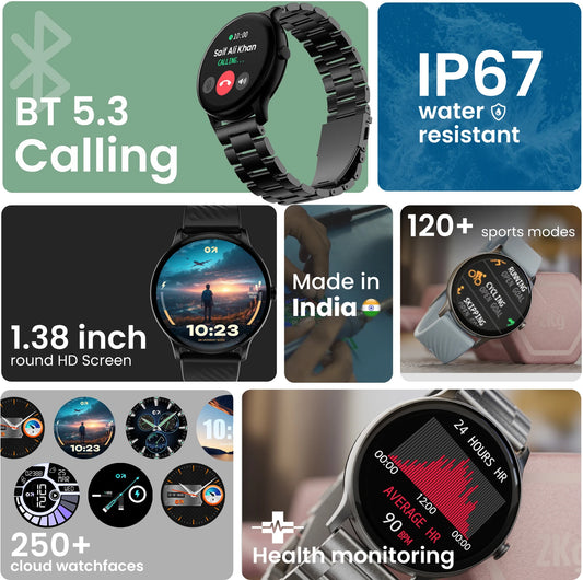 Budverdse Dire 1.38'' 2.5D HD Display, 500Nits Brightness, 250+ Watch Faces Smartwatch (Silver Strap, Free Size)