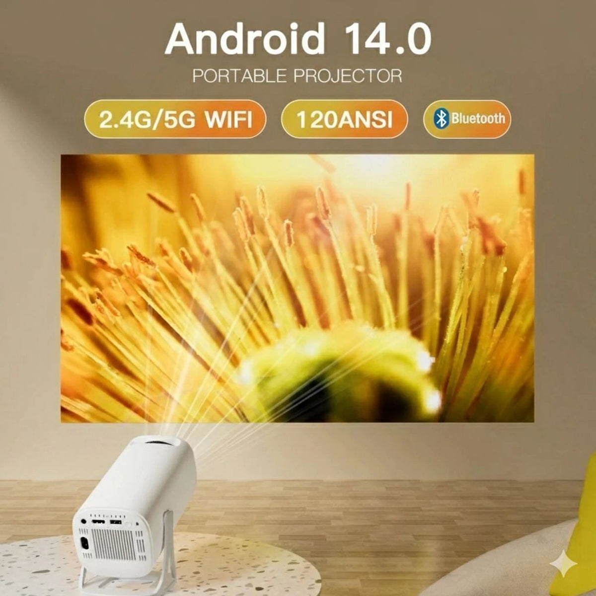 Budverse S40 Native HD Support 4K | Android 14 | 6000 Lumens | WiFi BT | Auto Keystone (6000 lm / 1 Speaker / Wireless / Remote Controller) Portable Projector (White Grey)