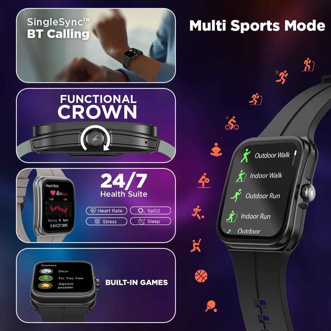Budverse VOX Neo Smart Watch with 1.91” Curved TFT Display, Rotary Crown, Offline Voice Commands,To-Do list, BT Calling, 24/7 Health Suite, SpO2, HRM, Sleep Tracking, IP68 Water Resistant - Leafy Sage