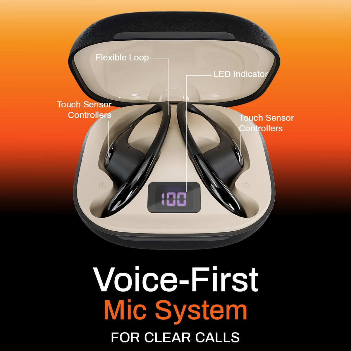 Budverse Open-Ear Wireless Bluetooth Earbuds with LED Battery Display Charging Case