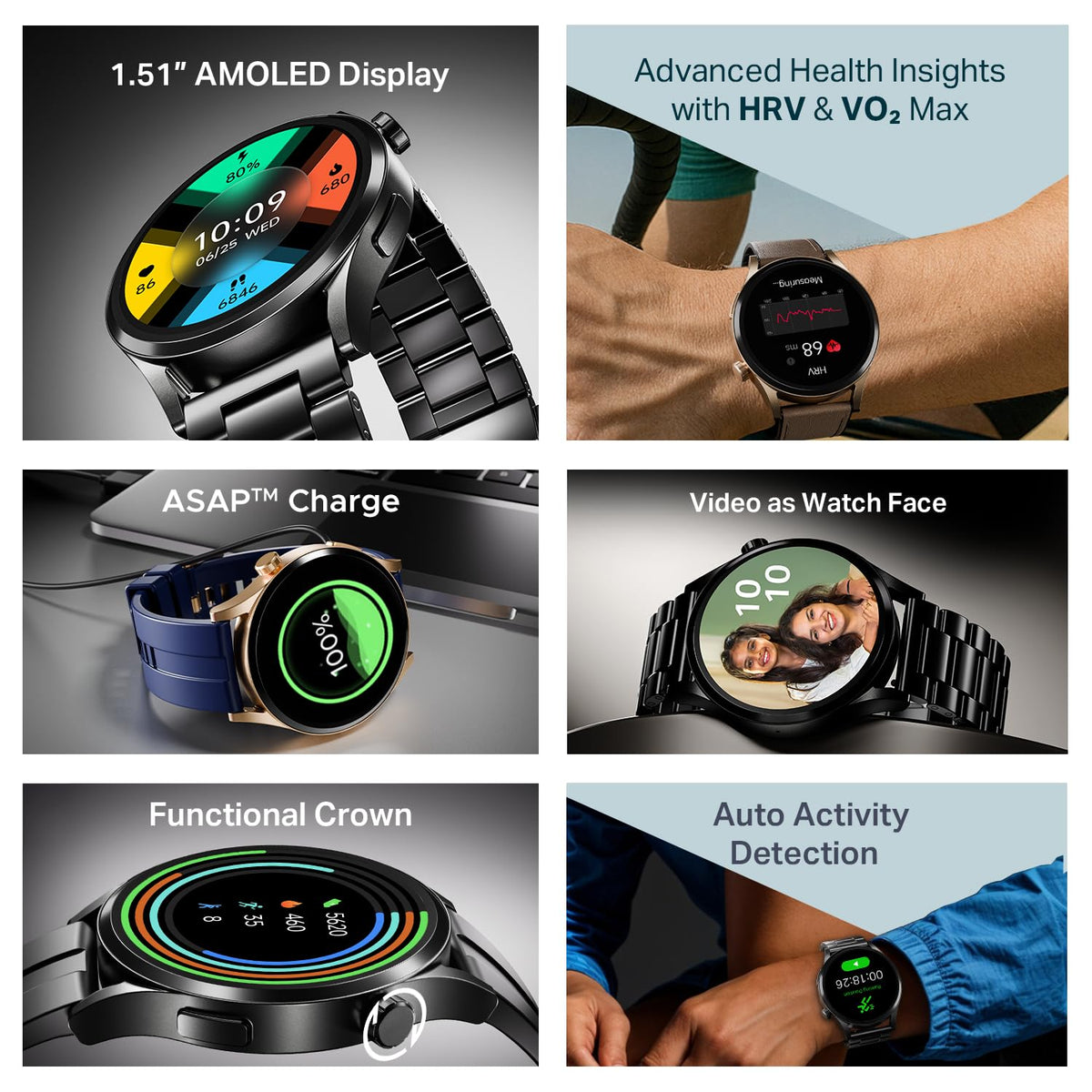 Budverse Chrome Horizon, Premium Metal Body, Video Watch Faces, 1.51”(3.83cm) AMOLED Round Display, HRV & VO2 Max, Auto-Activity Detection, ASAP Charge, HRV Smartwatch for Men & Women (Midnight Black)