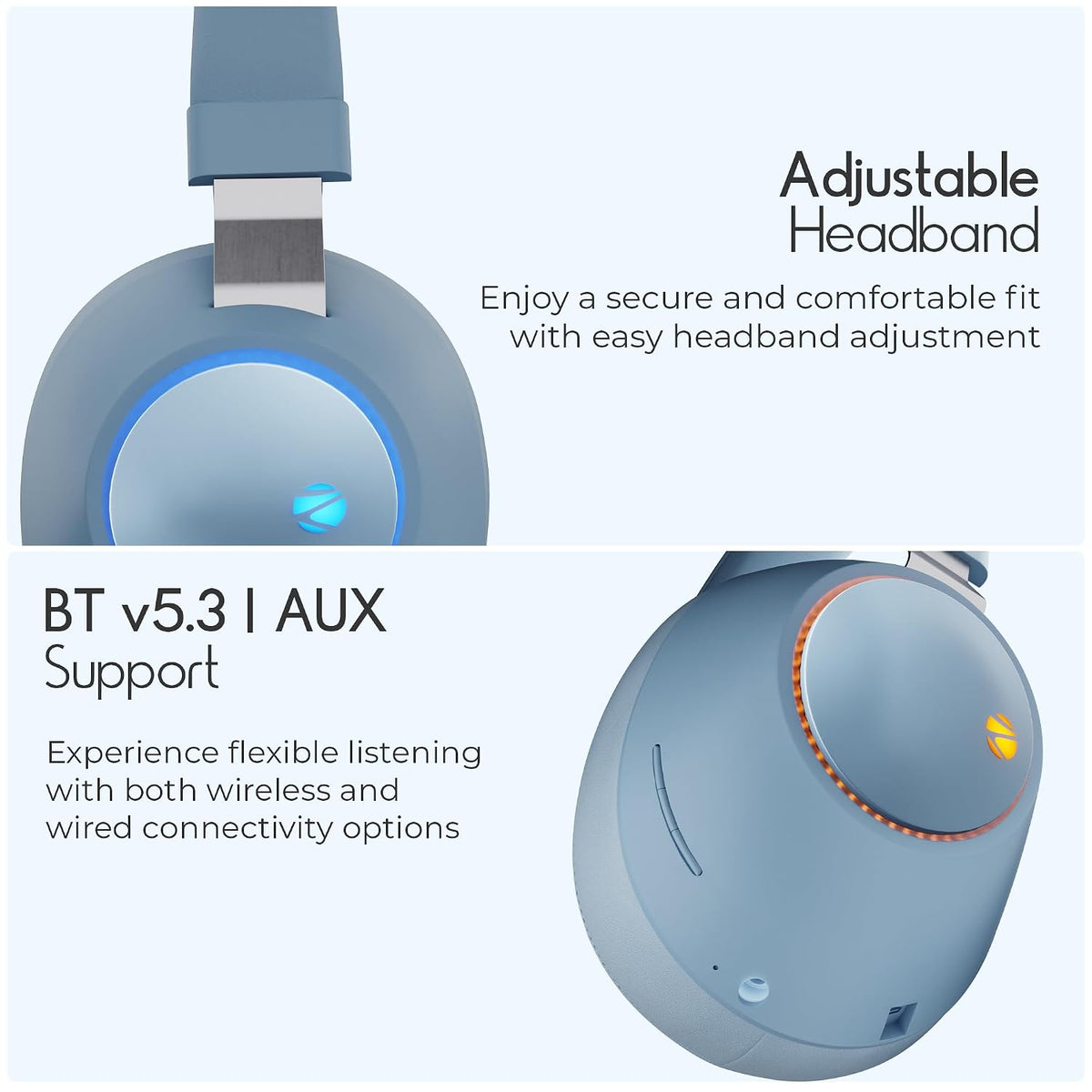 Budverse Wireless Bluetooth 5.3 Headphones with LED Light, AUX Support & Adjustable Headband