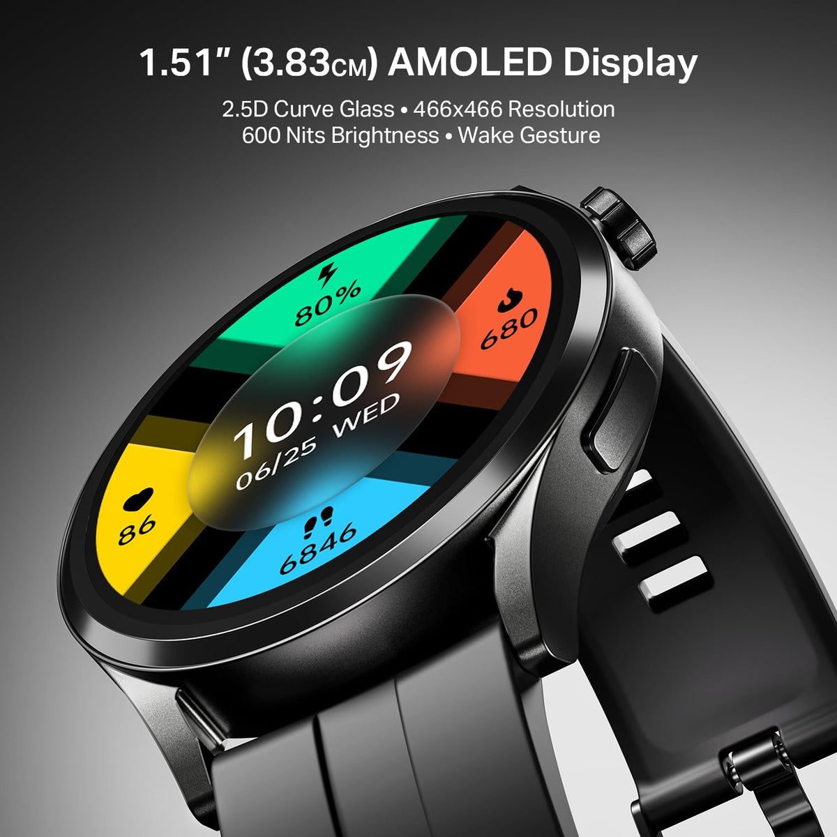Budverse Chrome Horizon, Premium Metal Body, Video Watch Faces, 1.51”(3.83cm) AMOLED Round Display, HRV & VO2 Max, Auto-Activity Detection, ASAP Charge, HRV Smartwatch for Men & Women (Midnight Black)