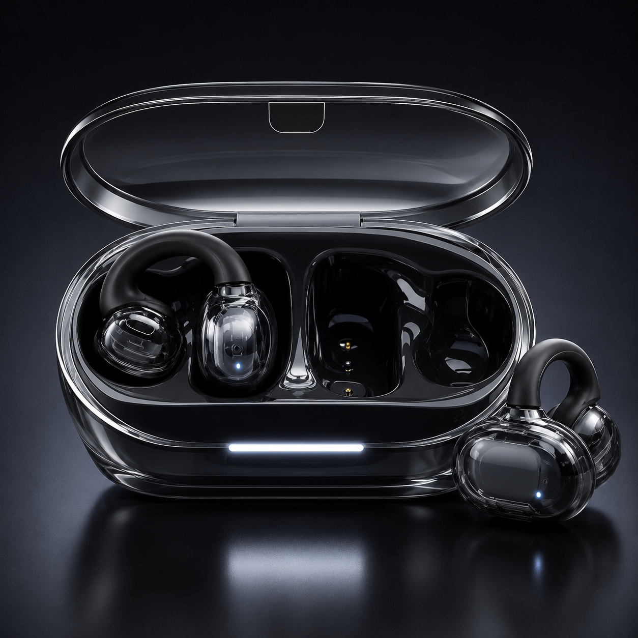 Budverse Open-Ear Wireless Earbuds with transparent charging case
