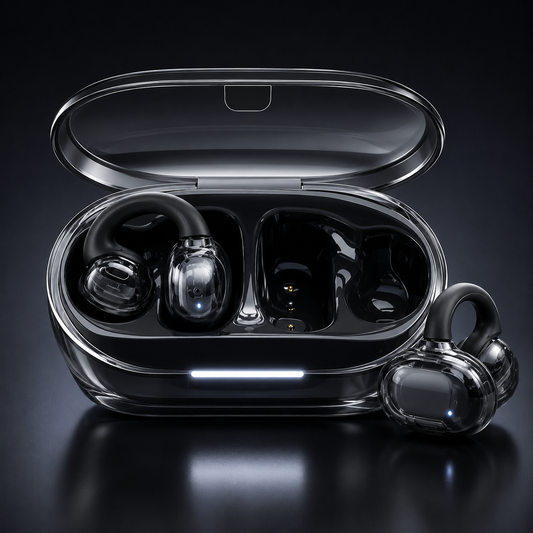 Budverse Open-Ear Wireless Earbuds with transparent charging case