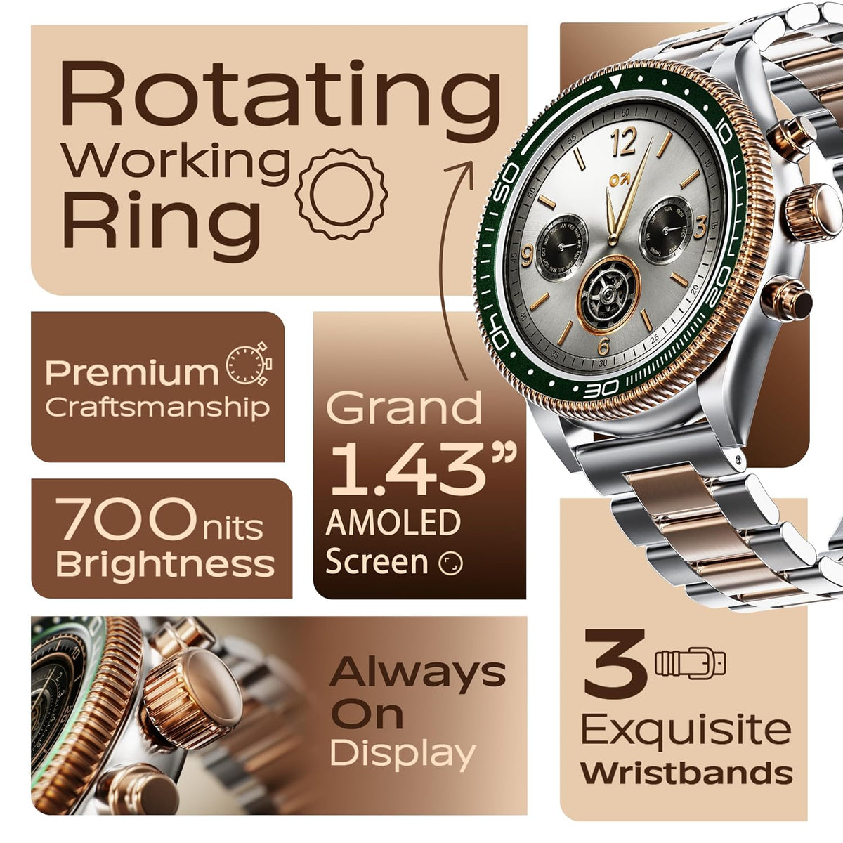 Budverse Saber Smart Watch 1.43'' AMOLED Display, Functional Rotating Bezel, AOD, BT Calling, 200+Watchfaces, 700 Nits Brightness, AI Voice Assistant, SpO2 Monitoring, 120+ Sports Mode (Titanium)