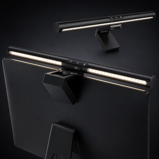Budverse Monitor Light Bar mounted on monitor with warm white illumination