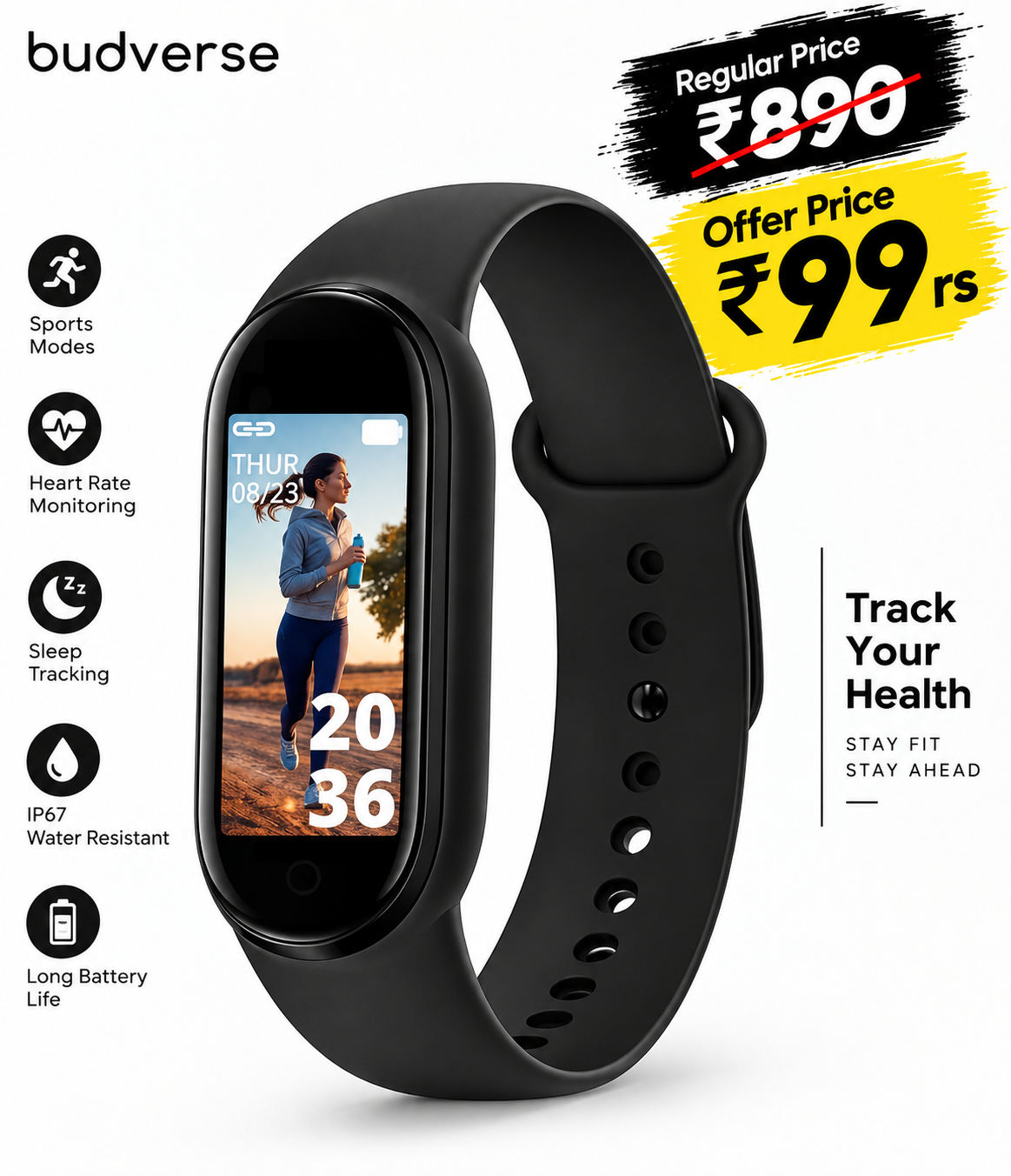Budverse Smart Fitness Band with Color Display, Digital Activity Tracker Wristband (Black Strap, Size : Medium)