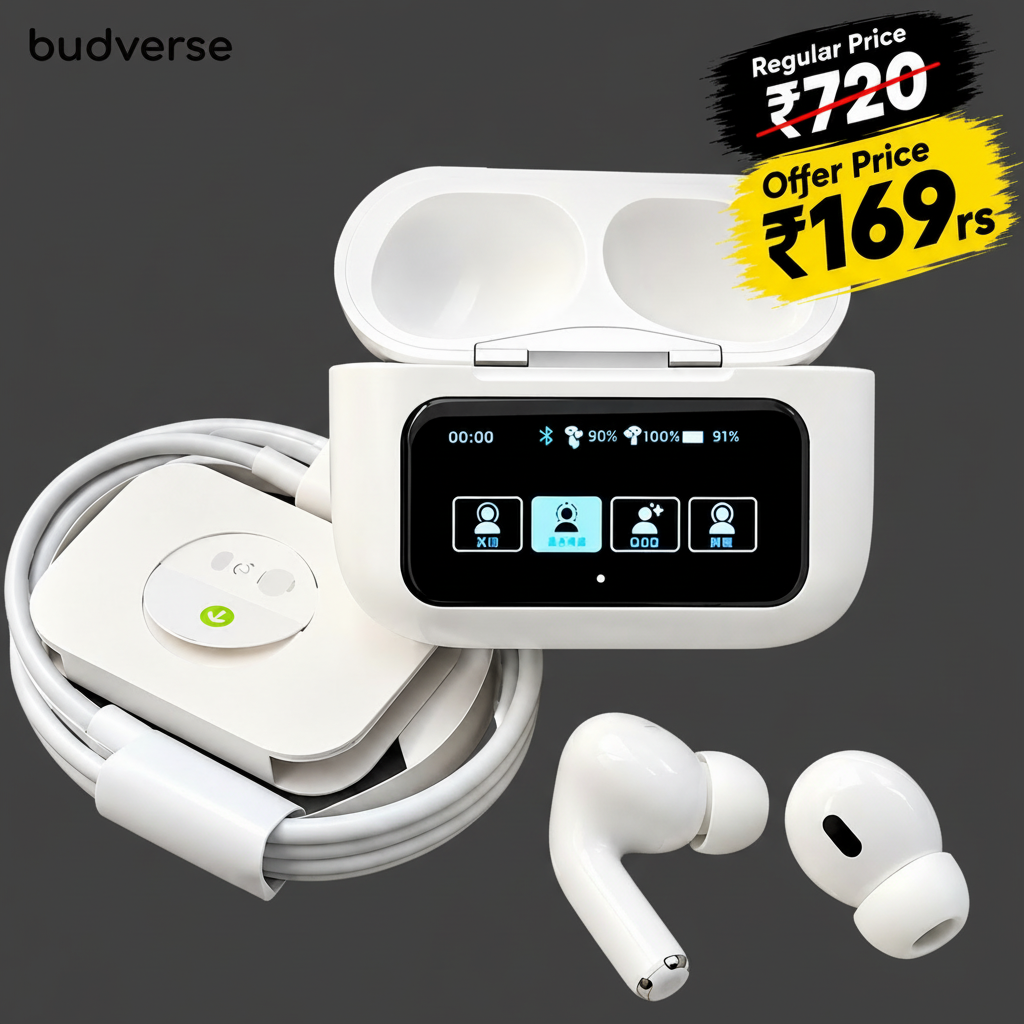 Budverse Latest Display Touch screen Earbuds with ANC 24 hours backup Waterproof Bluetooth Headset (White, True Wireless)