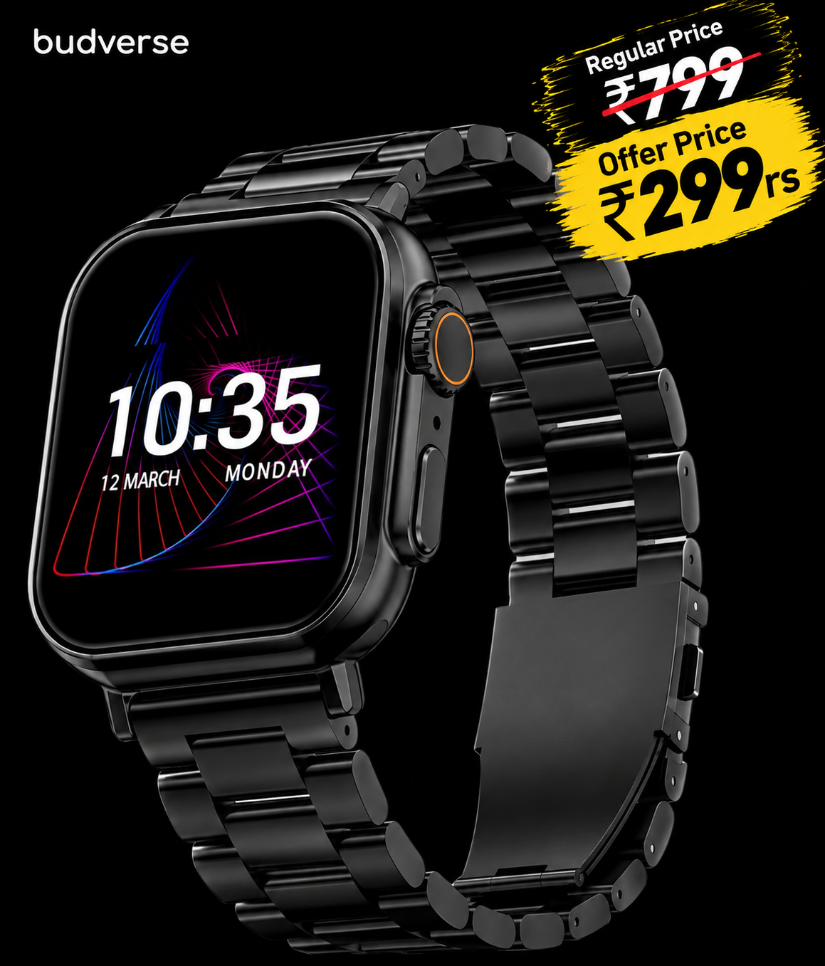 Budverse Ultra Smartwatch - Premium Metal Build, BT Calling & 1.99" HD Display Smartwatch (BLACK Strap, Free Size)