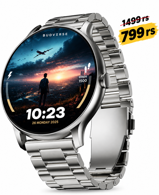 Budverdse Dire 1.38'' 2.5D HD Display, 500Nits Brightness, 250+ Watch Faces Smartwatch (Silver Strap, Free Size)