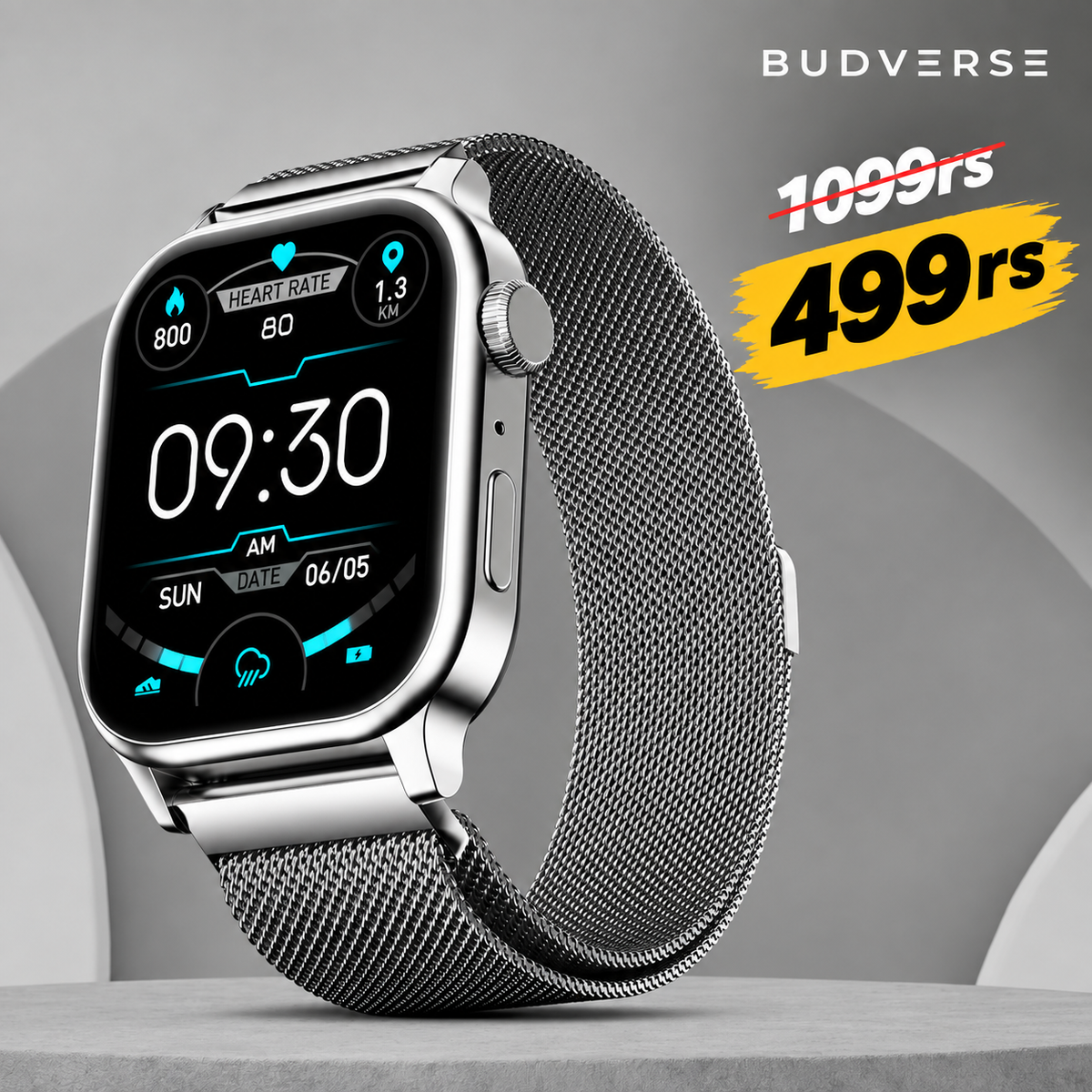 Budverse Rise Luxe 2026 BT Calling 47mm (1.85), Metal Body & Rotating Crown, 123 Sports Smartwatch (Silver Millanese Strap, Free Size)
