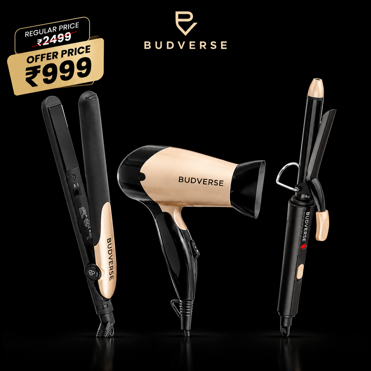 Budverse VHSS-03 Miss Versatile Styling Set for Women, Personal Care Appliance Combo (Hair Straightener, Hair Curler, Hair Dryer)