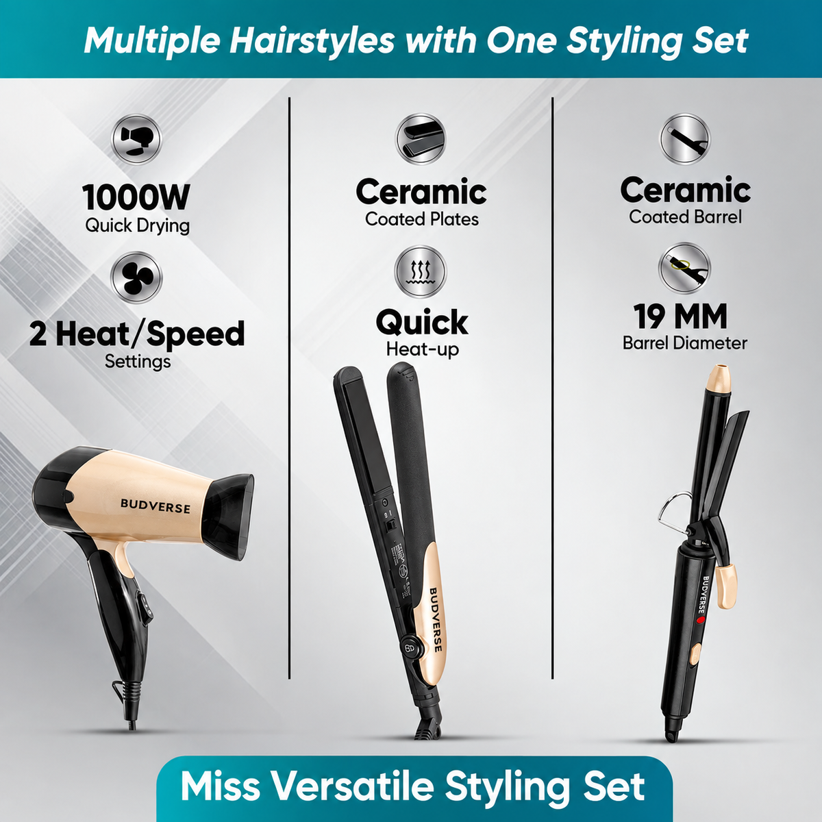 Budverse VHSS-03 Miss Versatile Styling Set for Women, Personal Care Appliance Combo (Hair Straightener, Hair Curler, Hair Dryer)