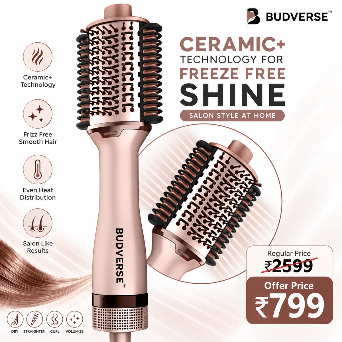 Budverse Born To Shine 2-in-1 Blow Brush – Dry, Style & Straighten & Volumizer Hair Straightener Brush (Rose Gold)