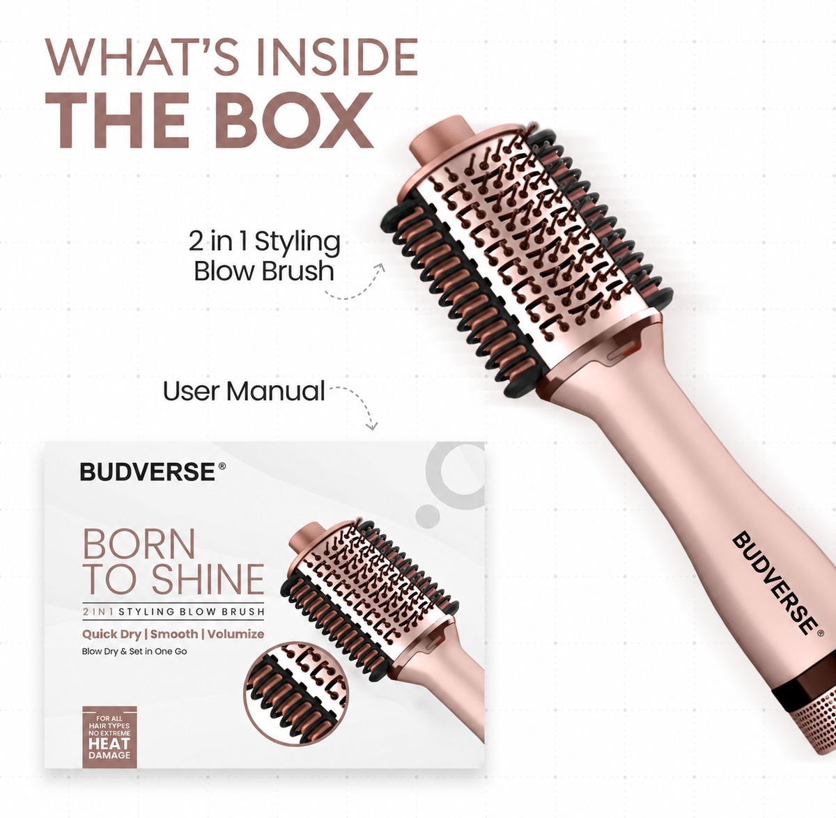 Budverse Born To Shine 2-in-1 Blow Brush – Dry, Style & Straighten & Volumizer Hair Straightener Brush (Rose Gold)