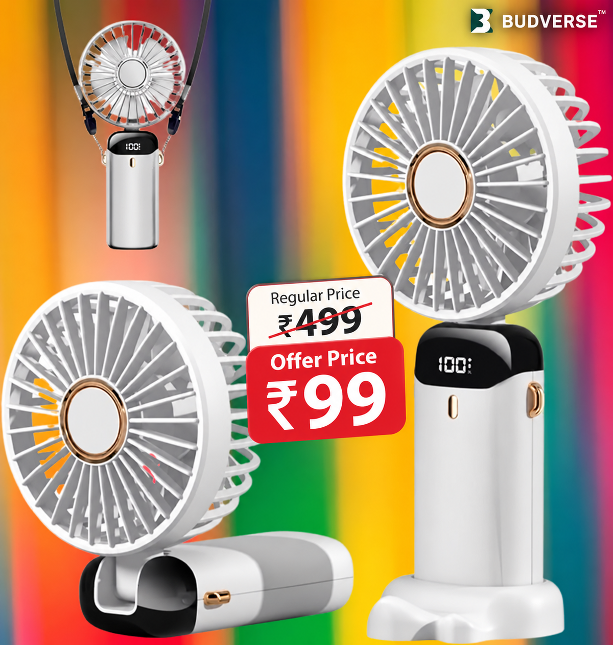 Budverse Hand Held/Neck/Desk 3 In 1 Personal Small Fans, Makeup Fans for Women Portable Handheld Fan USB Fan (Snow Peak white)