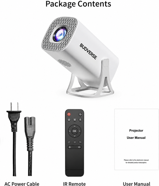 Budverse  S40 Native HD Support 4K | Android 14 | 6000 Lumens | WiFi BT | Auto Keystone (6000 lm / 1 Speaker / Wireless / Remote Controller) Portable Projector (White Grey)