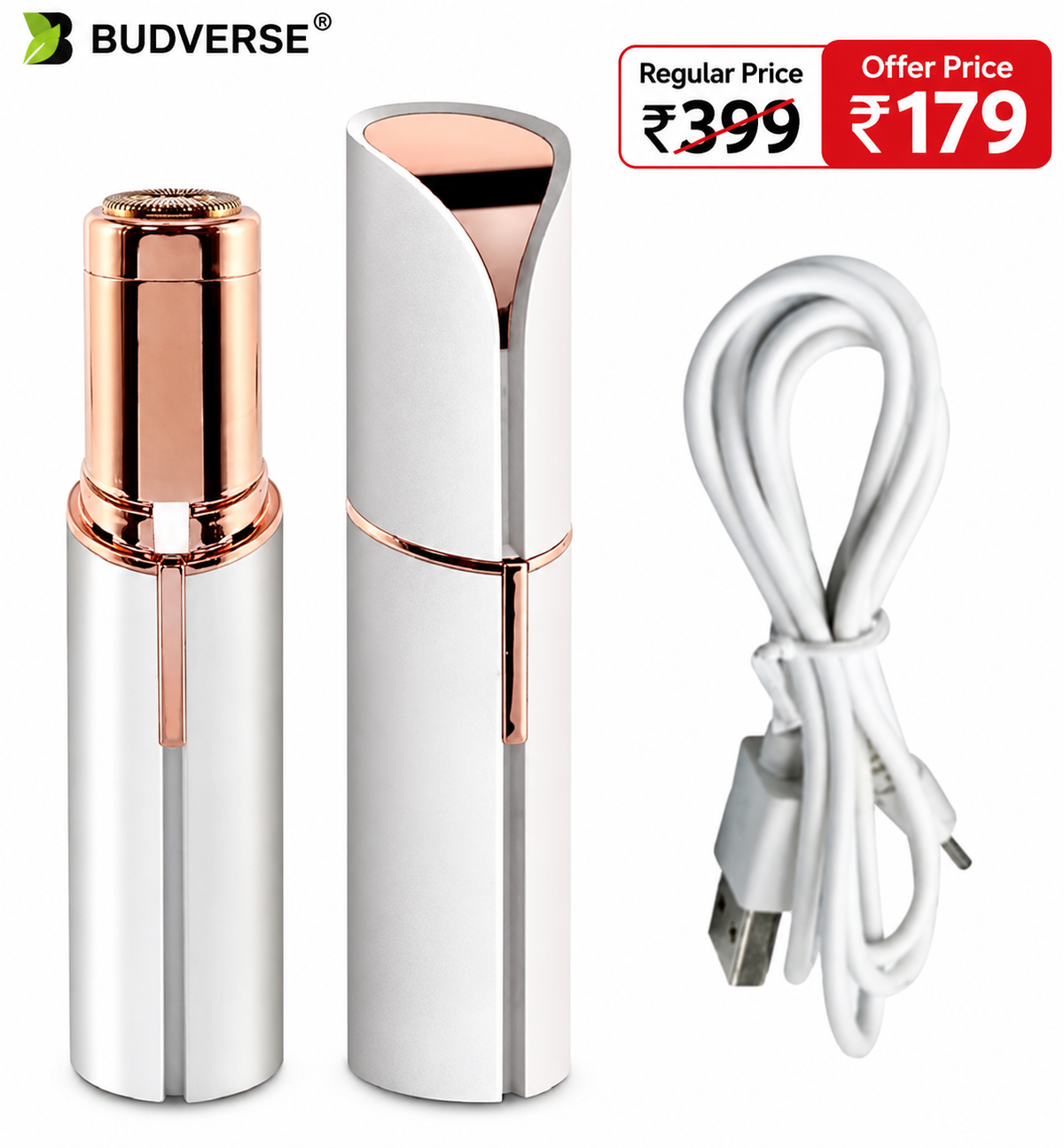 Budverse USB Rechargeable Facial Hair Remover for Women - Smooth, Painless Epilator Trimmer 30 min Runtime 1 Length Settings (White)