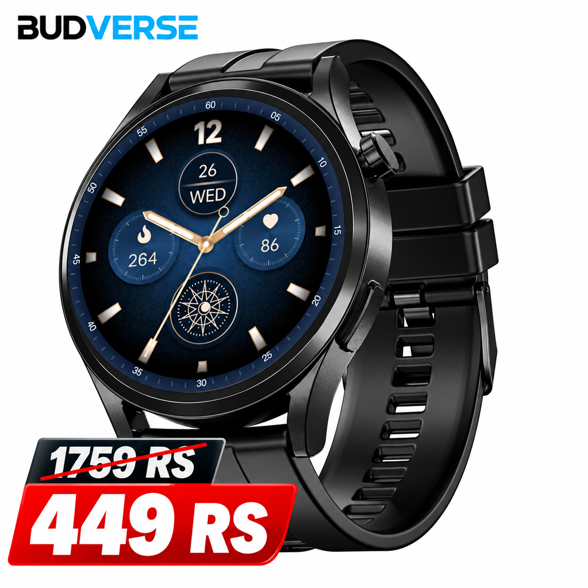 Budverse Chrome Horizon, Premium Metal Body, Video Watch Faces, 1.51”(3.83cm) AMOLED Round Display, HRV & VO2 Max, Auto-Activity Detection, ASAP Charge, HRV Smartwatch for Men & Women (Midnight Black)