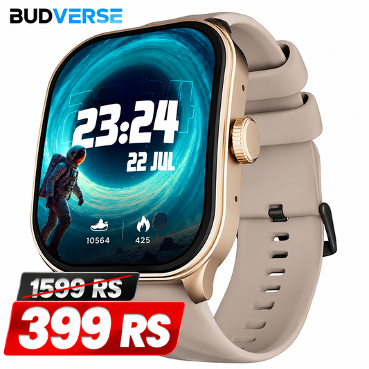 Budverse  Limitless FS2 Pro 1.96" AMOLED Smart Watch with BT Calling, AI Voice Assistant, 100+ Sports Modes, 5-Day Battery, Fast Charge, Health Tracking, – Smartwatch for Men & Women (Beige)