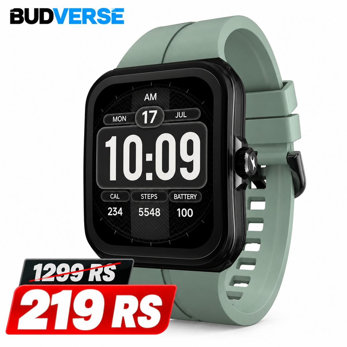 Budverse VOX Neo Smart Watch with 1.91” Curved TFT Display, Rotary Crown, Offline Voice Commands,To-Do list, BT Calling, 24/7 Health Suite, SpO2, HRM, Sleep Tracking, IP68 Water Resistant - Leafy Sage