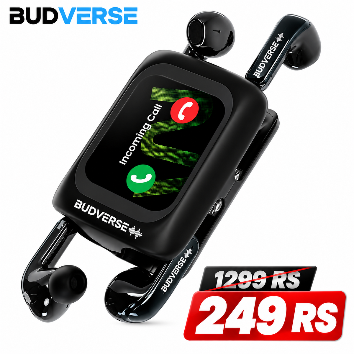 Budverse Fire Prime TWS Earbuds (in-Ear & Half-in-Ear in 1 Case) | Smart HD Display + 40dB ANC (in-Ear) | 80 Hrs Playtime | | 4 Mics AI-ENC | 3D Spatial Sound | BT V5.4 | Black