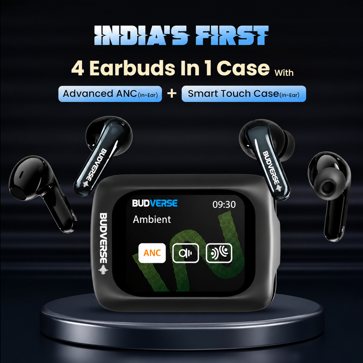Budverse Fire Prime TWS Earbuds (in-Ear & Half-in-Ear in 1 Case) | Smart HD Display + 40dB ANC (in-Ear) | 80 Hrs Playtime | | 4 Mics AI-ENC | 3D Spatial Sound | BT V5.4 | Black