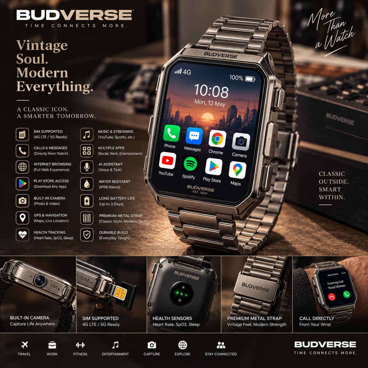 Budverse Classic 4G Smartwatch with 4G SIM, calls, messaging, apps, GPS, health tracking, and premium metal strap