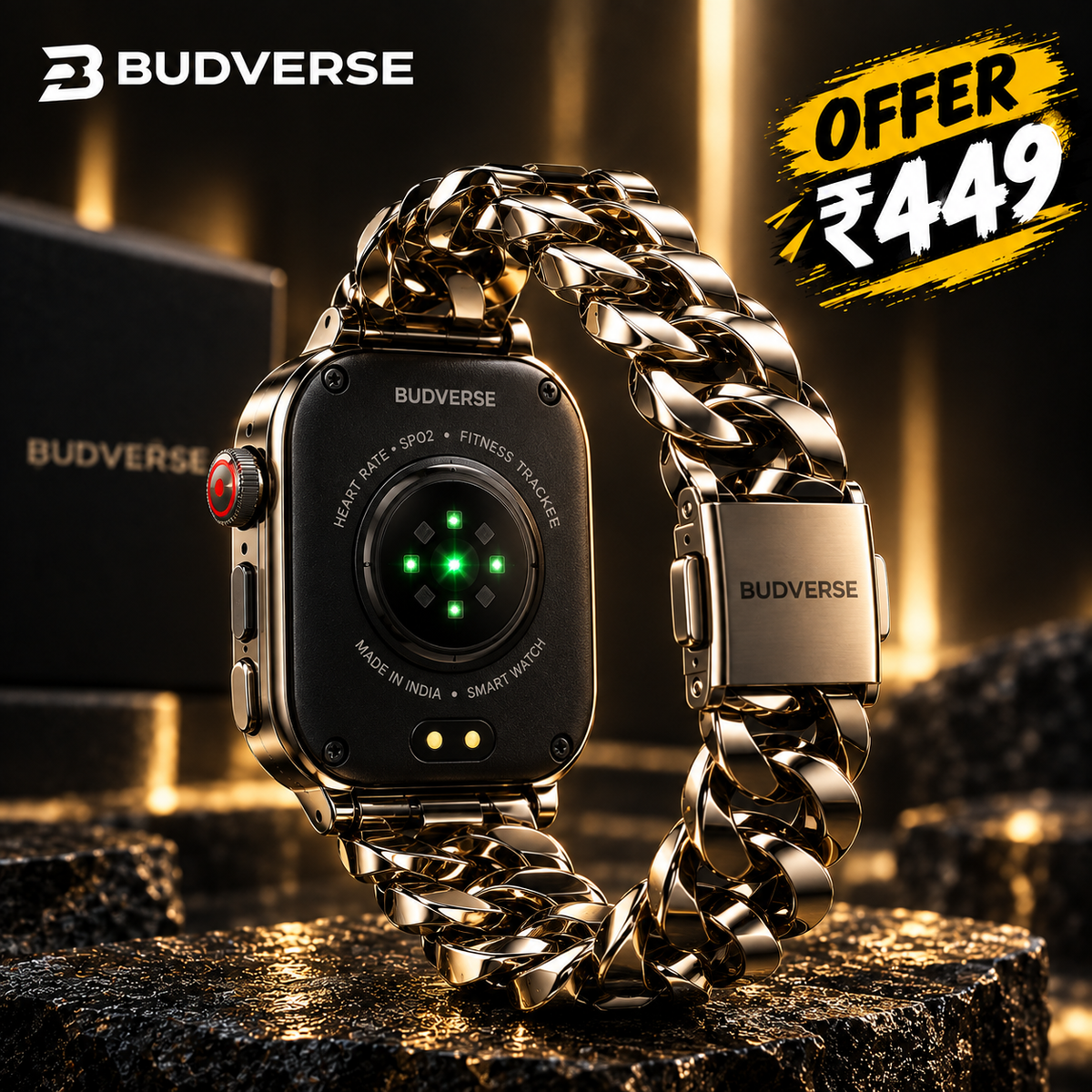 Budverse Two-Tone Chain Bluetooth Smartwatch with Camera, GPS, Health Tracking & Premium Metal Strap