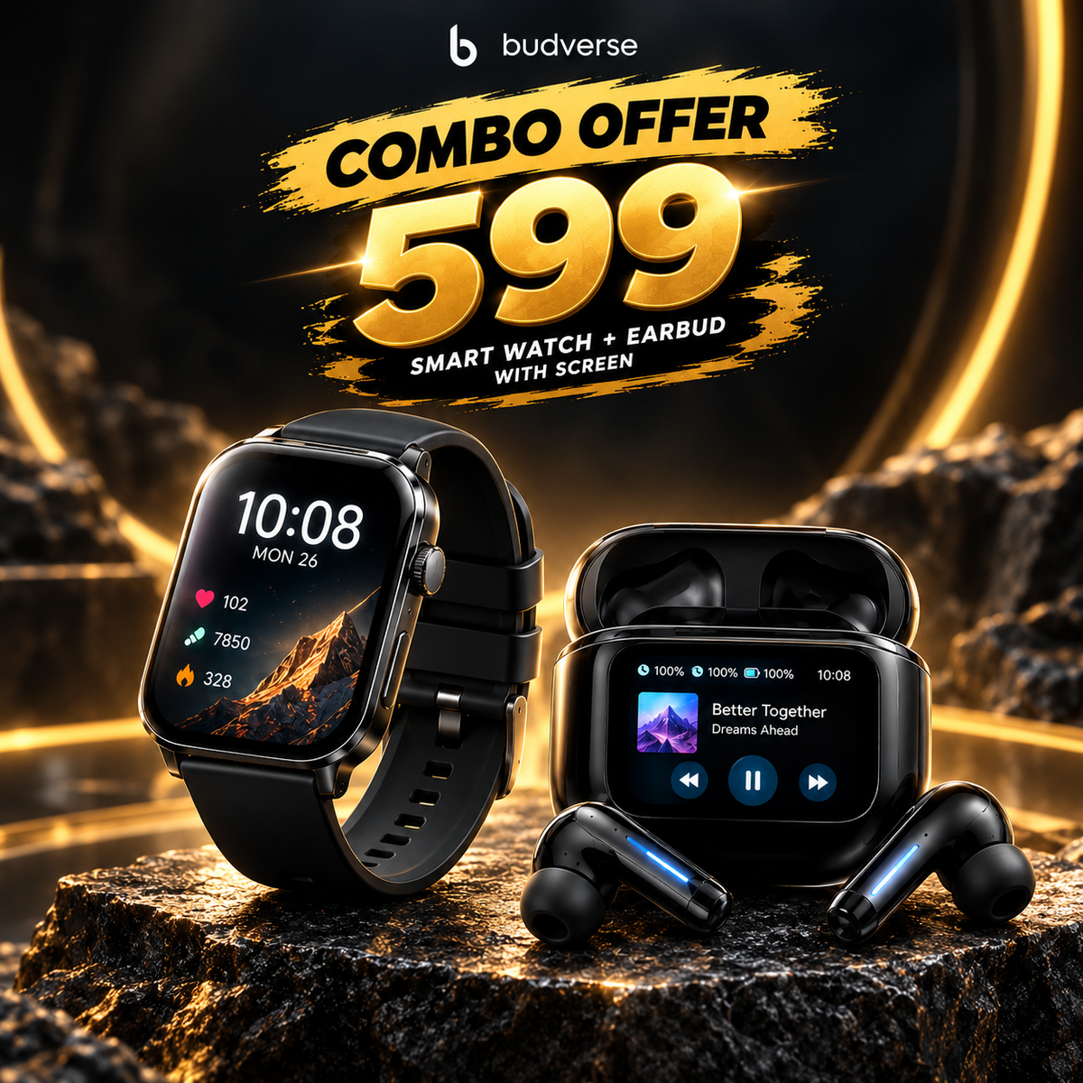 Budverse Smartwatch + Earbuds Combo with Wi-Fi & Bluetooth Calling, Android Apps, GPS, HD Camera & Health Monitoring