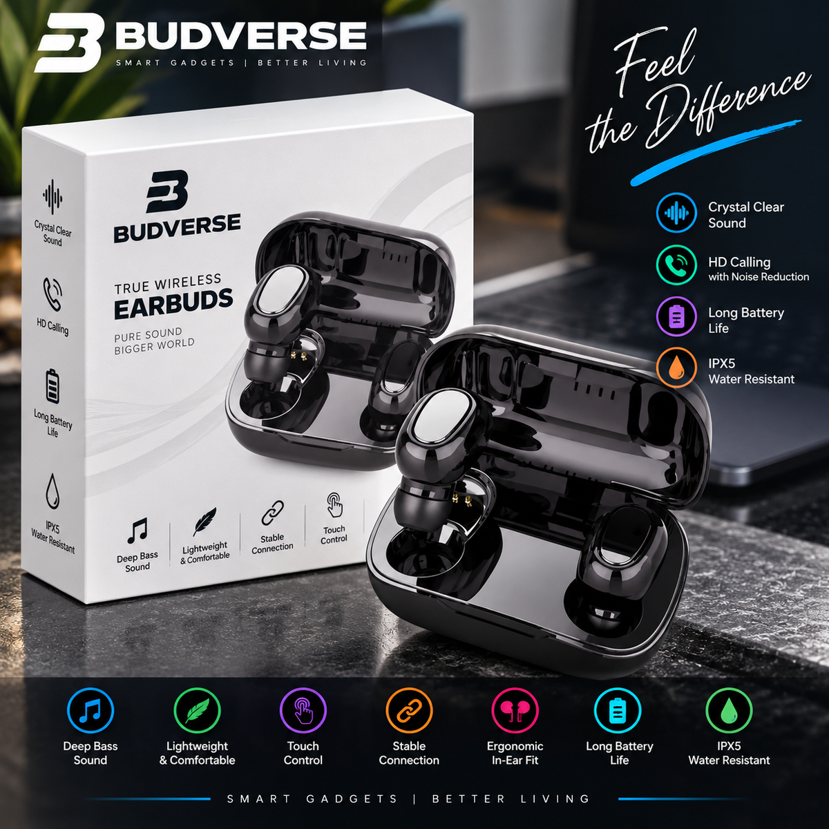 Budverse True Wireless Earbuds with charging case for music on the go