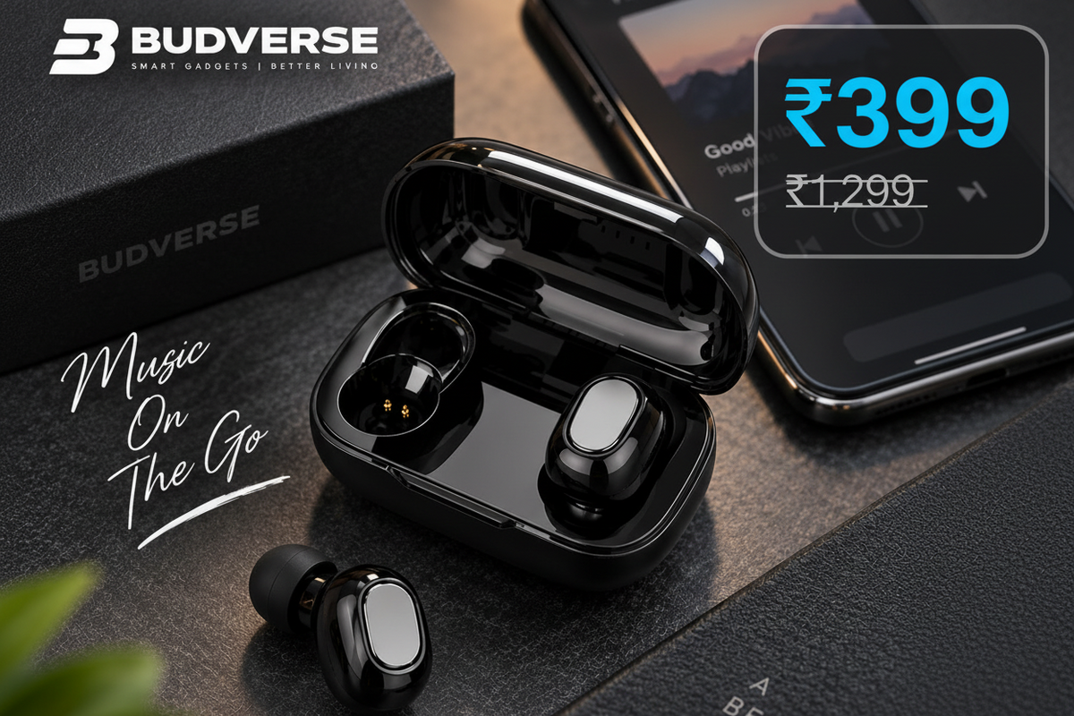 Budverse True Wireless Earbuds with charging case and product box