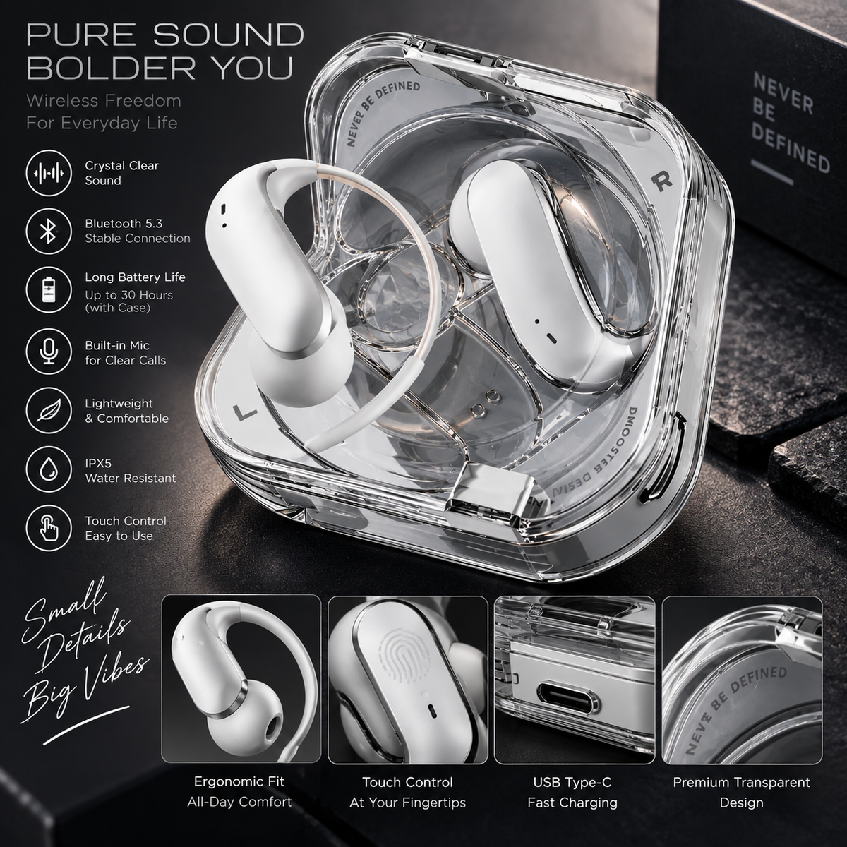 Budverse ClearSound Pro Earbuds with transparent charging case