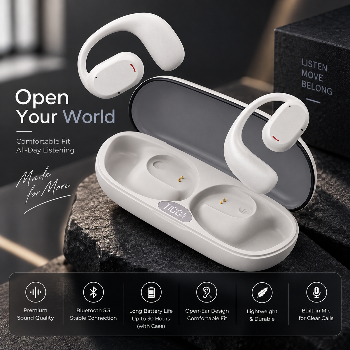 Budverse OpenFit Air Earbuds with open-ear comfort, USB Type-C charging and LED display