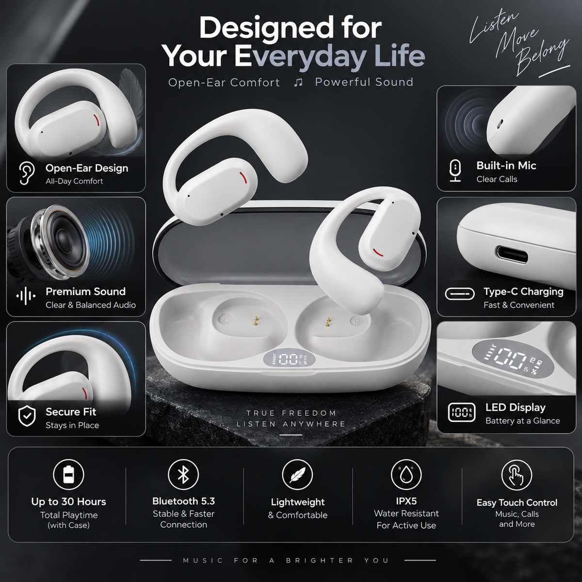 Budverse OpenFit Air Earbuds with Bluetooth 5.3 and up to 30 hours playtime