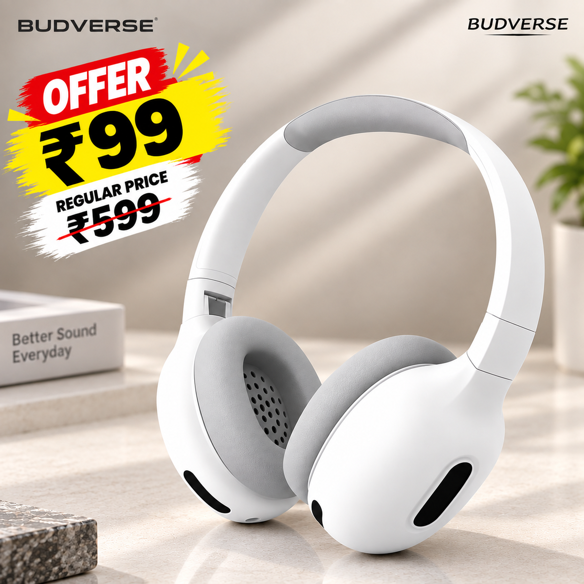Budverse Over-Ear Wireless Bluetooth Headphones with Foldable Compact Design