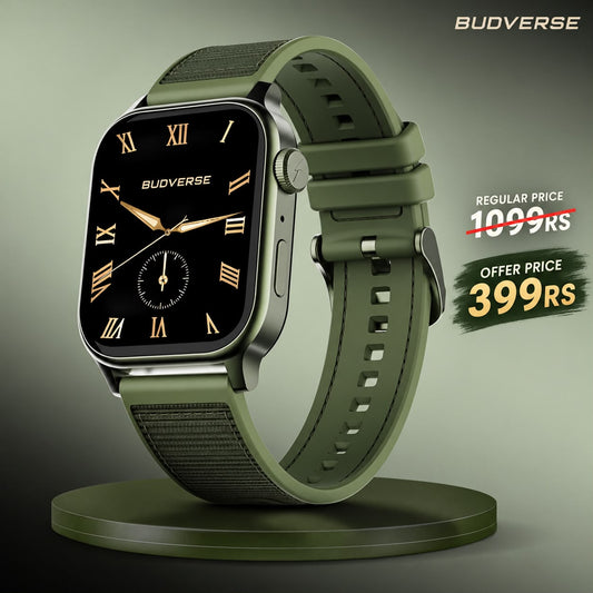 Budverse 1.85 BT Calling, Nylon Fluoroelastomer Hybrid Strap Rotating Crown Smartwatch (Moss Olive Strap, Free Size)
