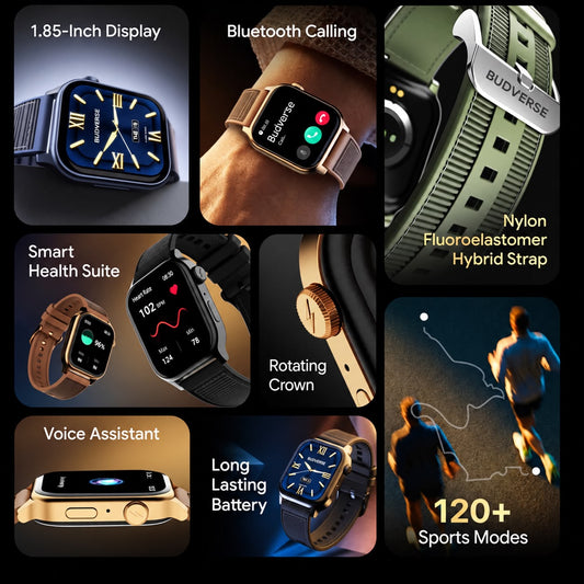 Budverse 1.85 BT Calling, Nylon Fluoroelastomer Hybrid Strap Rotating Crown Smartwatch (Moss Olive Strap, Free Size)