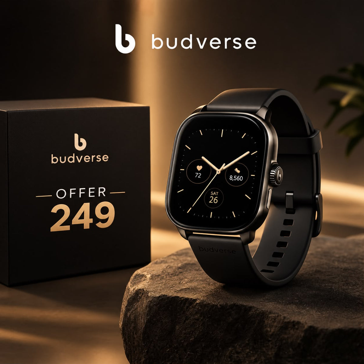 Budverse Health and Fitness Smartwatch with black strap and health tracking display