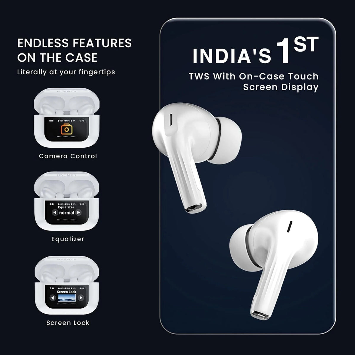 Budverse Latest Display Touch screen Earbuds with ANC 24 hours backup Waterproof Bluetooth Headset (White, True Wireless)