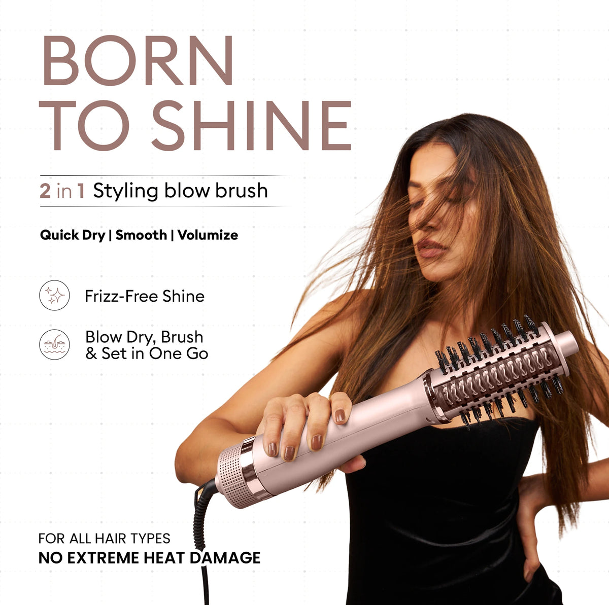Budverse Born To Shine 2-in-1 Blow Brush – Dry, Style & Straighten & Volumizer Hair Straightener Brush (Rose Gold)