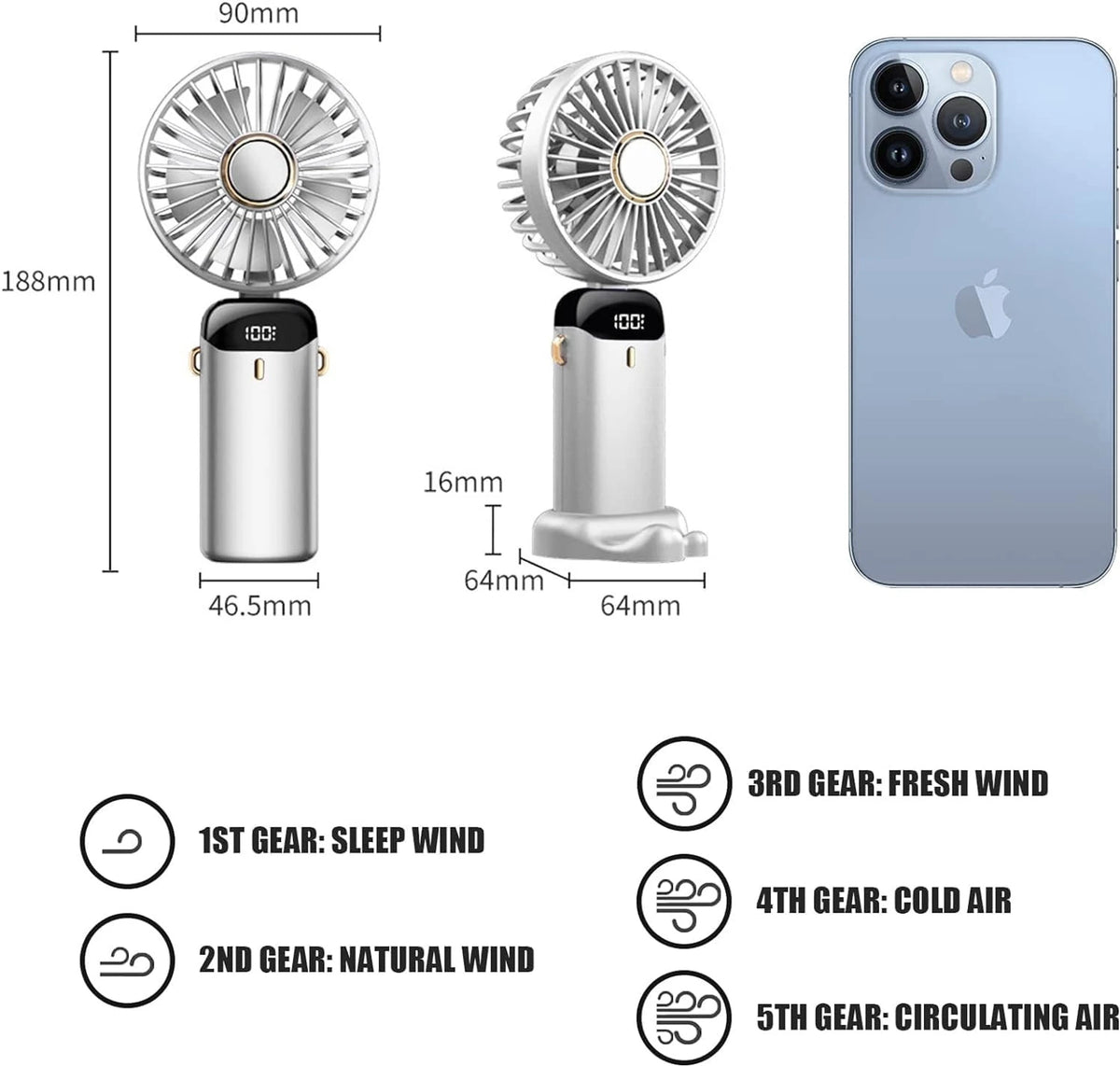 Budverse Hand Held/Neck/Desk 3 In 1 Personal Small Fans, Makeup Fans for Women Portable Handheld Fan USB Fan (Snow Peak white)